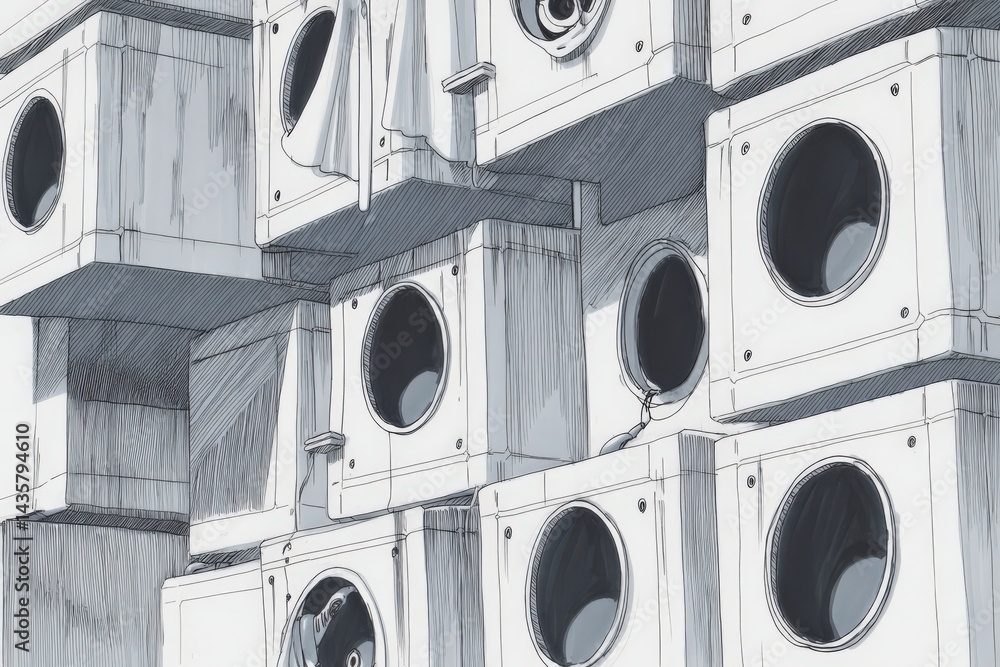 Abstract Art of Stacked Washing Machines with Monochrome Palette