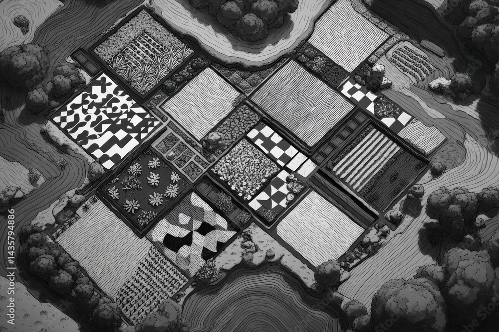 Abstract Black and White Landscape with Geometric Patterns and Textures
