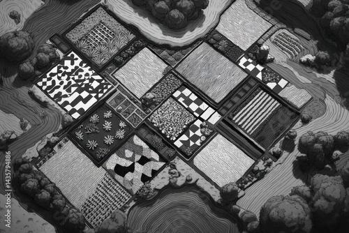 Obraz na płótnie Abstract Black and White Landscape with Geometric Patterns and Textures w salonie