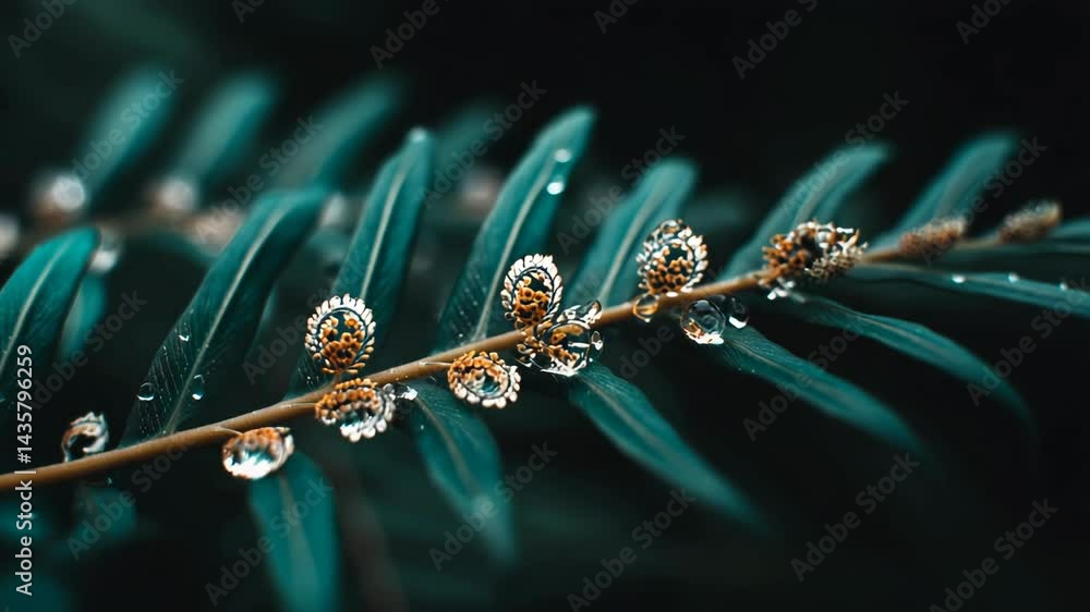 Delicate fern branch with dew droplets reflecting floral structures, showcasing intricate plant details against a dark, moody background. Delicate fern branch with dew droplets reflecting floral structures, showcasing intricate plant details against a dark, moody background.