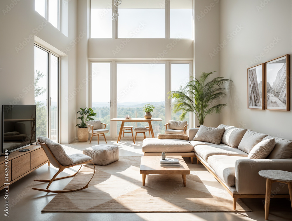 Fototapeta premium Bright Modern Living Room with Large Windows