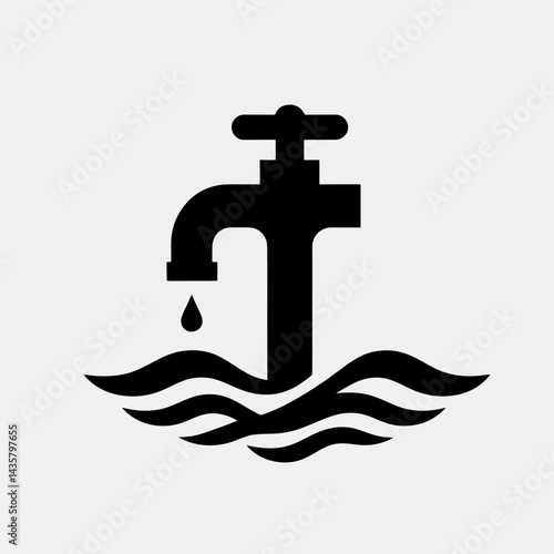  very simple flat and single minimalist Faucet and Water Silhouettes in black on a white background 