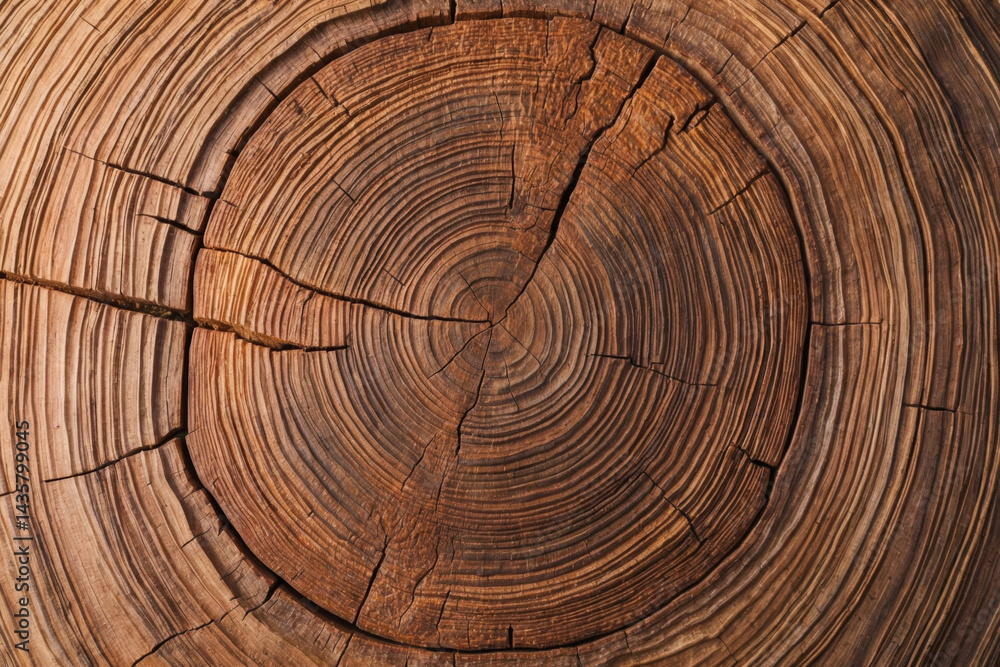 Naklejka premium Close-up of a tree trunk cross-section, displaying its intricate rings and beautiful textures.