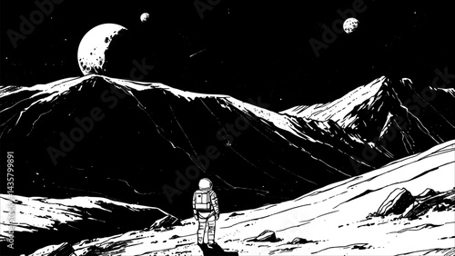 An astronaut explores a new planet. Spaceman travels in space. Vector illustration
