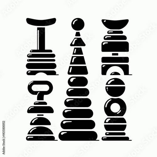  very simple flat and single minimalist Toy Stacker Silhouettes in black on a white background 