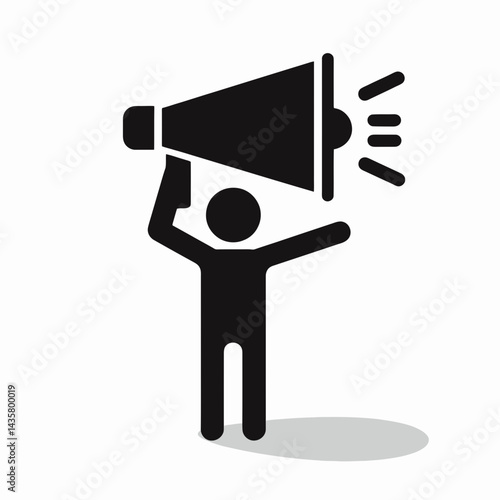  very simple flat and single minimalist Megaphone Stick FIgure Silhouettes in black on a white background 