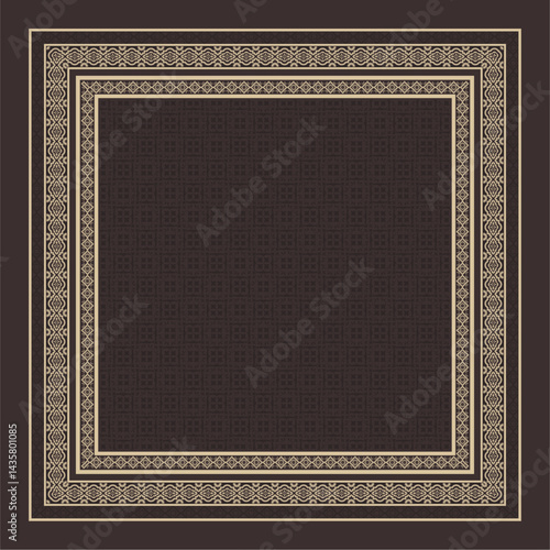 This minimalist ethnic hijab scarf design features a geometric border with traditional patterns in an elegant maroon and gold color scheme. Perfect for fashion-conscious women, the square layout makes