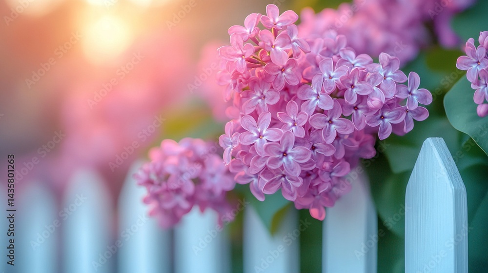 Obraz premium blooming lilac bush with soft purple petals under spring sunlight 