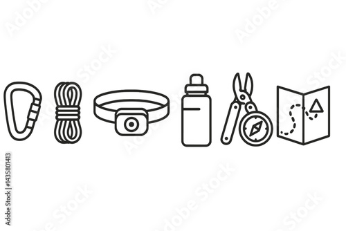 Outdoor adventure tool icons featuring carabiner and rope