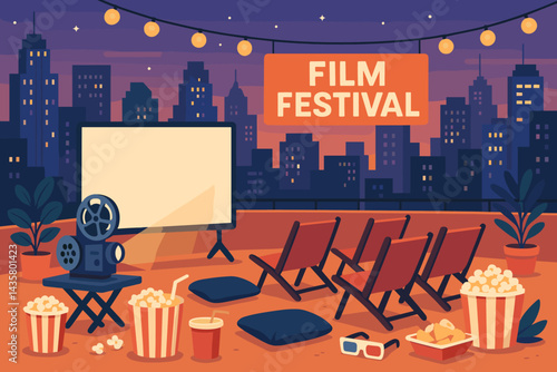 Urban rooftop film festival scene with a projector, seats, snacks, and city skyline