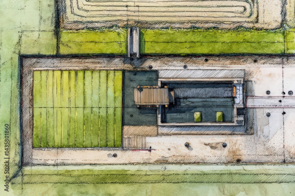 Aerial View of Agricultural Land with Farm Building and Fields