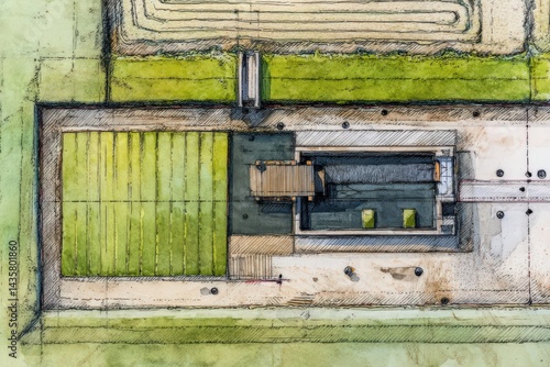 Obraz na płótnie Aerial View of Agricultural Land with Farm Building and Fields w salonie