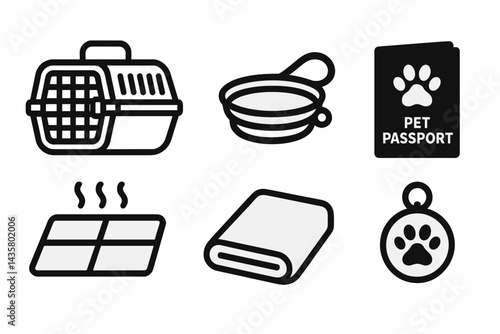 Icons of pet travel accessories, including a carrier and bowl, are featured
