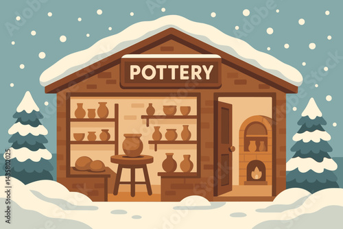 A winter scene unfolds at a pottery shop, complete with clay, kilns, and pots, set against a snowy backdrop outside
