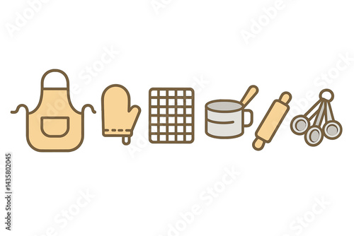 Icons of baking accessories including an apron and oven mitt are featured