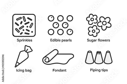 Icons of baking decorations that include sprinkles and edible pearls are featured