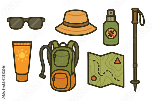 Icons of outdoor adventure accessories include sunglasses and a sun hat