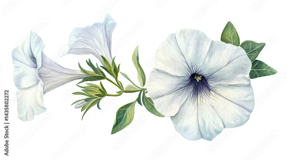 Fototapeta premium Elegant Hand Drawn Watercolor White Petunia Flower Isolated Design