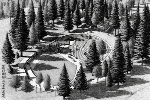 Aerial View of an Outdoor Amphitheater Surrounded by Evergreen Trees