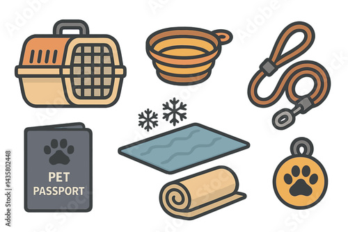 Pet carrier and travel bowl icons are showcased as pet travel accessories