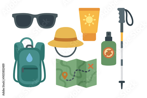 Outdoor adventure is represented by accessory icons such as sunglasses and sun hat