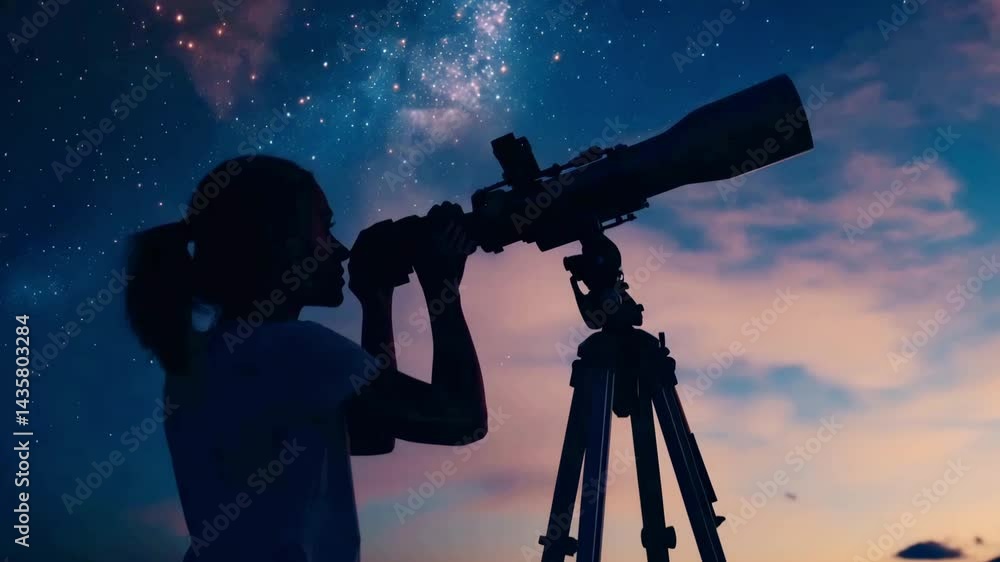 Silhouette of a person observing celestial bodies through a telescope at dusk. The sky is filled with stars and vibrant colors, creating a magical atmosphere perfect for stargazing Silhouette of a person observing celestial bodies through a telescope at dusk. The sky is filled with stars and vibrant colors, creating a magical atmosphere perfect for stargazing
