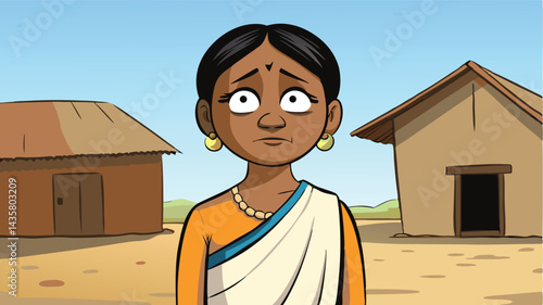 Worried Indian Woman In Village Setting Cartoon Illustration Depicting Anxiety And Rural Life