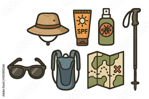Sunglasses and sun hat are featured as icons of outdoor adventure accessories