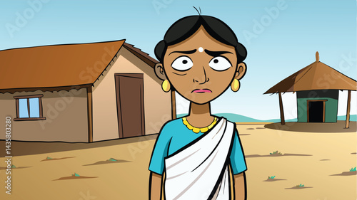 Worried Indian Woman In A Rural Village Cartoon Illustration With Traditional Houses And Empty Landscape