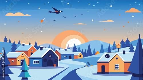 Snowy Village Illustration With Houses And Trees At Sunset In A Winter Landscape