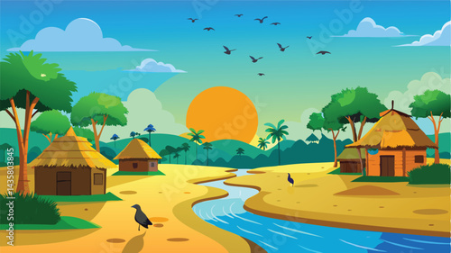 Serene Village Landscape With Thatched Roof Huts,River,And Tropical Sunset Illustration