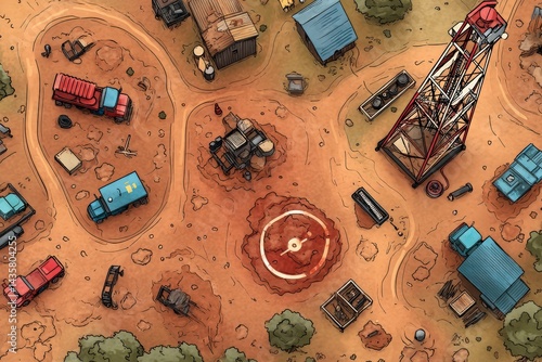 Obraz na płótnie Aerial View of Mining Site with Trucks and Equipment in Landscape w salonie