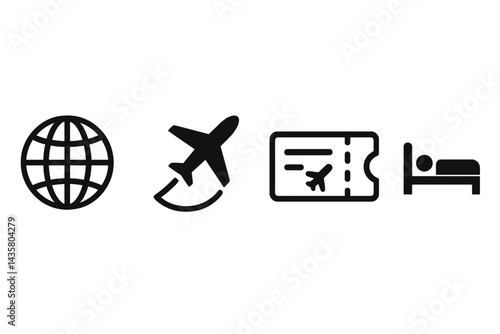 Trip planning icons encompass transportation, lodging, and route symbols