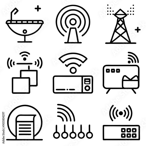 line icon set featuring 16 icons related to wireless technology and connectivity. Include various styles of Wi-Fi signals, mobile network bars, internet signals, satellite dishes, routers, modems
