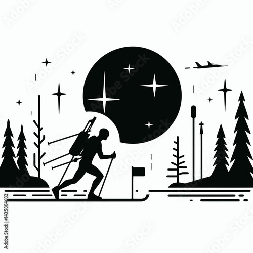  very simple flat and single minimalist Biathlon Silhouettes in black on a white background 