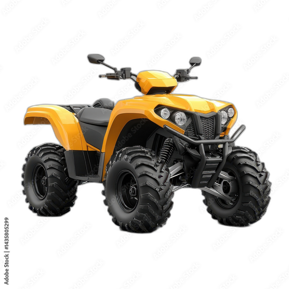 Yellow ATV with rugged tires, headlights, and handlebars isolated on transparent background. Yellow ATV with rugged tires, headlights, and handlebars isolated on transparent background.