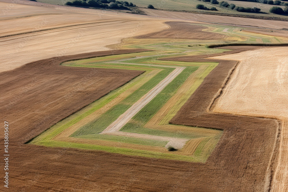 Aerial View of Winding Green Path Through Agricultural Landscape