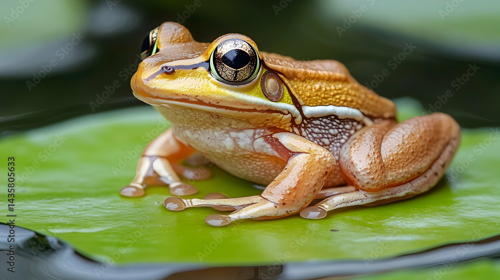 A small frog rests on a lily pad its golden-brown skin glistening Large expressive eyes and delicate toes are visibl A small frog rests on a lily pad its golden-brown skin glistening Large expressive eyes and delicate toes are visibl