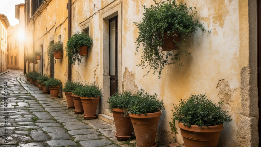 Fototapeta premium A charming italian alleyway, adorned with terracotta pots and lush greenery in the sunlight.