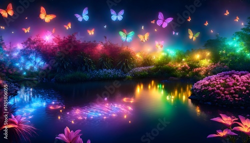 Glowing butterflies flying over a magical pond in fantasy garden at night