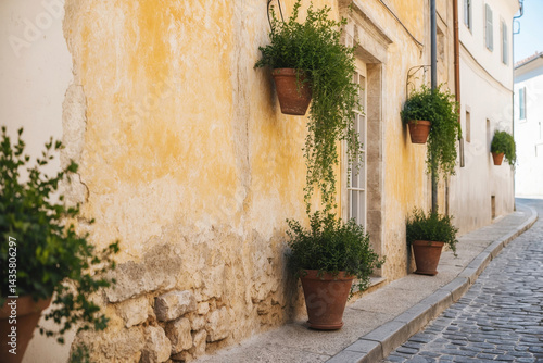 A picturesque european street scene featuring a yellow building adorned with potted plants and character.