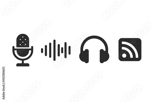 Icons of broadcasting symbolize the processes of recording, listening, and distribution