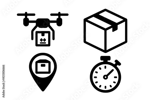 Icons representing speedy delivery through aerially transported packages and timed services