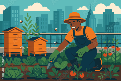 Urban-agriculture landscape featuring a mix of crops and pollinators in a flat setting