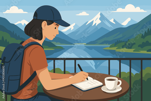 A flat landscape of wanderlust is depicted with content creation set against a backdrop of scenic mountains