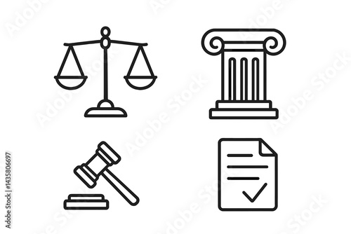 Icons of the judiciary represent balance, authority, and paperwork