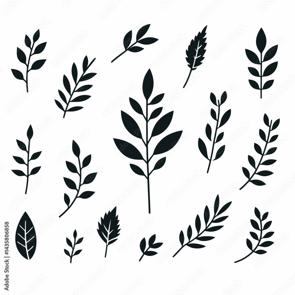 very simple flat and single minimalist Branch Leafs Silhouettes in black on a white background very simple flat and single minimalist Branch Leafs Silhouettes in black on a white background