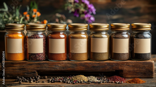 Rustic Spice Jars with Blank Kraft Labels on Wooden Display