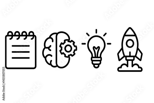 Icons of idea generation combine notes, thinking, and action