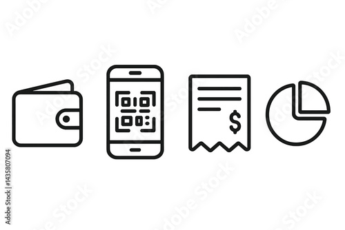 Icons representing money management, including images of physical currency, online transactions, and financial analysis